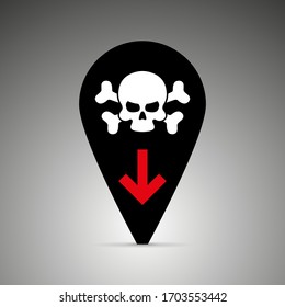 Black icon deaths from the coronavirus in pins, Covid-19. skulls and crossbones, symbol of death, danger or poison 