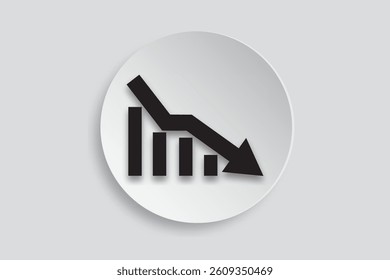 Black icon of declining graph on circular gray background.