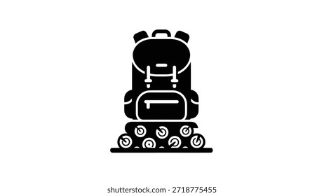 Um ícone preto representando uma mochila descansando em uma pilha de toras, simbolizando a aventura ao ar livre e acampando.