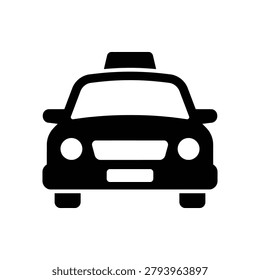 Black icon depicting a front view of a city taxi cab, commonly used for ride-sharing apps and urban transit concepts