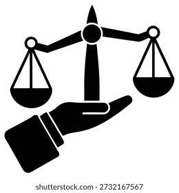 Ein schwarzes Symbol, das eine Hand darstellt, die eine Waage der Gerechtigkeit stützt und Recht, Fairness, Ausgewogenheit und Rechtsberatung symbolisiert.