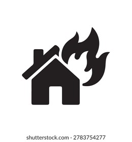 A black icon depicting a house with flames engulfing it.