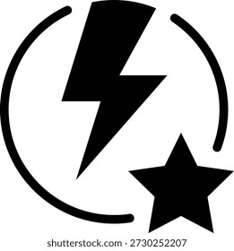 Ein schwarzes Symbol, das einen Blitzschlag innerhalb eines kreisförmigen Pfeils darstellt, wobei ein Sternsymbol die untere rechte Seite des Kreises überlappt.