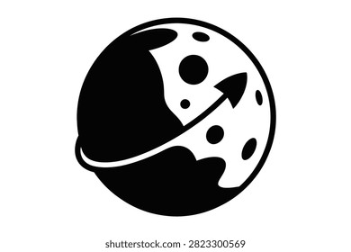 Black icon depicting moon sphere with crater surface details and orbital arrow trajectory. Representation of space exploration lunar mission satellite flight or astronomy science concept.