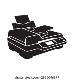 Black icon depicting multifunctional office printer and scanner with document feeder flatbed glass and control panel interface isolated on white background. Advanced digital imaging technology hardware for business document processing flat vector illustration graphic element for technical support design.