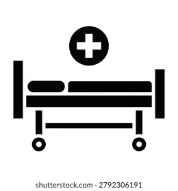 Black icon depicting a patient bed with a medical cross symbol above it. Simple flat sign design representing hospital wards, clinics, infirmary, and health care.