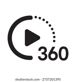 Black icon depicting a play button within a circular dotted outline with 360