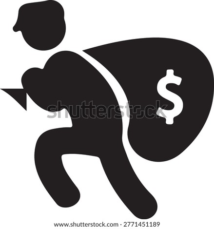 Black icon depicting thief character running with sack of cash symbolizing robbery burglary illegal activity theft conceptual graphic element.