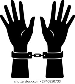 Black icon depicting two hands shackled together, symbolizing captivity, lack of freedom, teamwork, or restricted interaction.