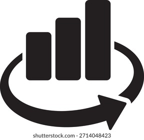 Un icono negro representa un gráfico de barras con tres barras ascendentes y una flecha circular que indica un ciclo continuo.