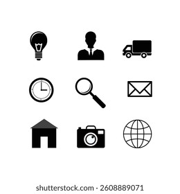 Black Icon design of a light bulb, human, taxi car or transport, clock, search, message, home or office, camera, and web.