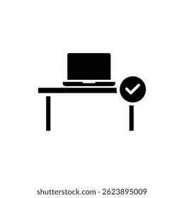 Black Icon of Desk with Laptop and Task Checkmark