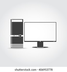 Black icon. Desktop computer case with buttons and monitor.