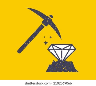 black icon of diamond mining with a pickaxe. flat vector illustration.