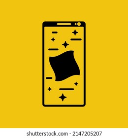 Black icon disinfect smartphone. Clean mobile with antibacterial wet wipes to protect. Silhouette phone surface disinfection. Disinfectant wipes. Cleaning gadget. Vector illustration flat design.