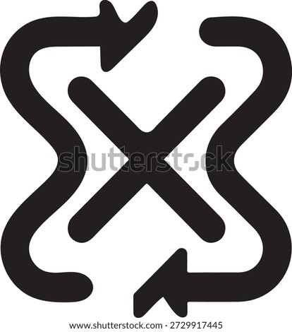 A black icon displays two wavy, curved arrows forming an X shape, with their heads pointing towards the center from the top and bottom, representing an exchange or loop.