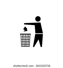 Black icon to dispose of trash in special waste bins. Used goods container sign. The symbol is to observe cleanliness and order. A pictogram of a man.
