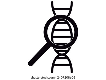 Black icon of dna strand with magnifying glass.