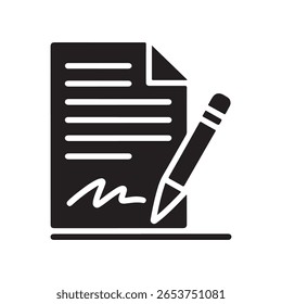 Schwarzes Symbol eines Dokuments mit horizontalen Linien und einem Bleistift, der eine Signatur schreibt.