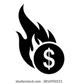 A black icon of a dollar sign on fire, symbolizing financial crisis or economic turmoil