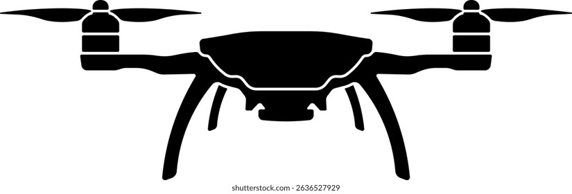 Black icon of drone or quadcopter without background. Simple symbol of unmanned aerial vehicle for technology or surveillance themes.