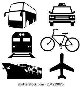 Black icon of each way transportation in the big city -Bus,Taxi,Bicycle,Ship,Airplane,Train (EPS10 separate icon by icon)