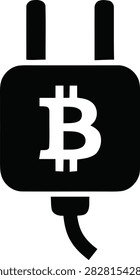 Black icon of an electrical power plug featuring a Bitcoin symbol, representing energy consumption in cryptocurrency mining, isolated on white background.