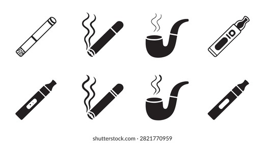 Black icon electronic cigarette vape, cigar and tobacco pipe with smoke. smoking paraphernalia flat style.
