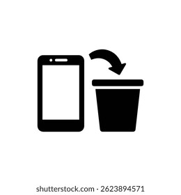 Black Icon of Electronic Device with Arrow Into a Recycling Bin Representing E-Waste
