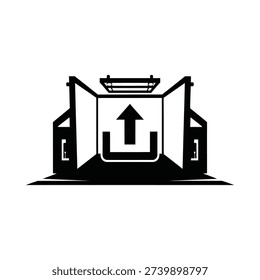 Black icon of an elevator with an upward arrow indicating lift or moving up on a white background
