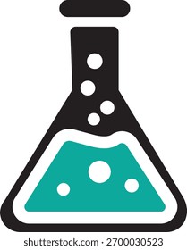 Ícone preto de um Erlenmeyer contendo líquido azul-petróleo com bolhas brancas, simbolizando a pesquisa científica e as reações químicas.