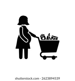 Black Icon of Expecting Mother Shopping with Baby Items in Cart