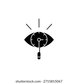 Icono negro de un ojo que contiene una cara de reloj y un péndulo, que simboliza el tiempo, la visión y el monitoreo.
