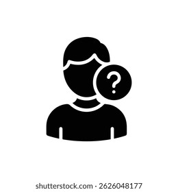 Ícone preto de perguntas frequentes com avatar do usuário e ponto de interrogação no rosto