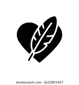 Black Icon of Feather Inside Heart Symbolizing Lightness and Care