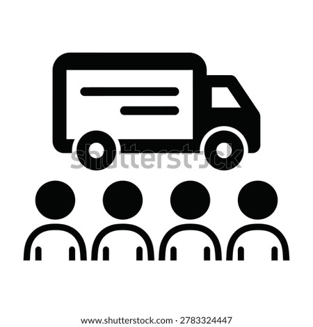 Black icon featuring a delivery truck silhouette positioned above a row of four human figures, symbolizing cargo distribution, community logistics, and shipping.