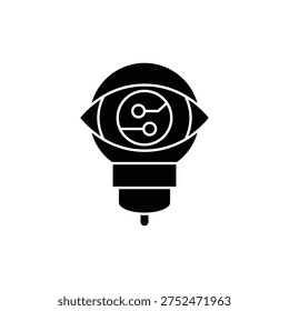 A black icon featuring an eye with internal circuit board elements, mounted on a stylized lightbulb base, symbolizing artificial intelligence, vision, and technological innovation.