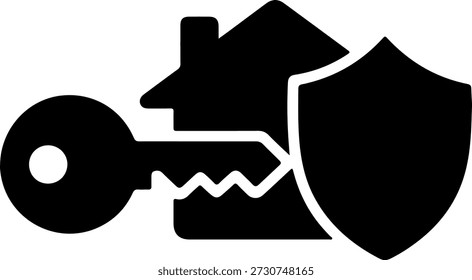 Ein schwarzes Symbol mit einem Schlüssel mit einem Haus und einem Schild, in einem einfachen und symbolischen Stil dargestellt, der Sicherheit und Schutz darstellt.
