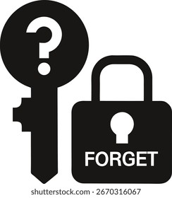 Ein schwarzes Symbol mit einem Schlüssel mit einem Fragezeichen und einem Vorhängeschloss mit der Bezeichnung "FORGET", das das Konzept vergessener Passwörter und der Kontowiederherstellung veranschaulicht.