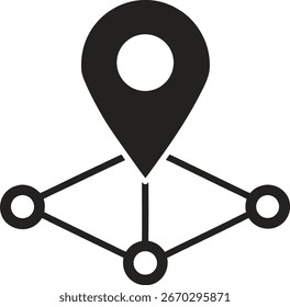 Un icono negro con un pin de ubicación en el centro, conectado por líneas a tres nodos circulares, que ilustra una red o sistema de distribución.
