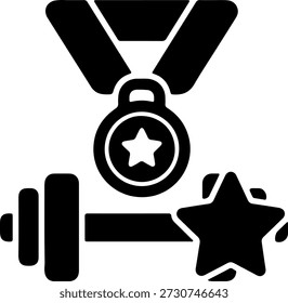 Un icono negro con una medalla con una estrella y una mancuerna, sobre un fondo blanco puro, que simboliza el logro y la aptitud en un diseño simple e icónico.