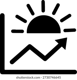 Un icono negro con un gráfico ascendente con un sol y una flecha hacia arriba, sobre un fondo blanco puro, que transmite el crecimiento y el éxito en un diseño simple y audaz.