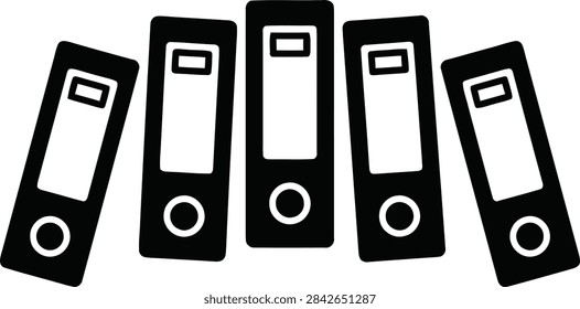 A black icon featuring a row of five upright office ring binders or folders, symbolizing document organization, filing, and administrative work.
