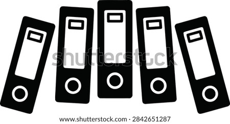A black icon featuring a row of five upright office ring binders or folders, symbolizing document organization, filing, and administrative work.