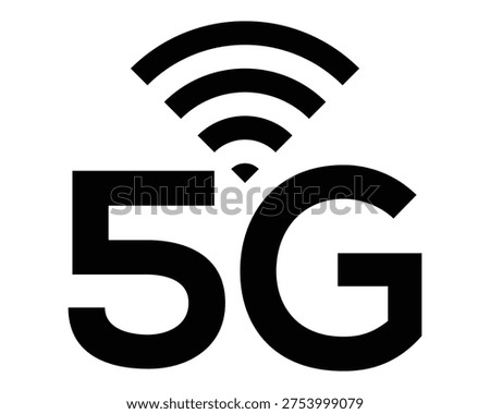 Black icon for fifth generation cellular network technology. Wireless signal symbols and bold letters representing high speed internet access.