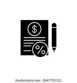 Black icon of a financial statement, showing percentage, dollar symbol and a pen.