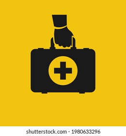 Black icon First aid kit. Doctor holds in hands. Template for medical ambulance. Medical silhouette equipment. Vector illustration catoon design.
