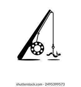 Black icon fishing rod with a worm on the hook. Vector illustration flat design style. Fishing icon. Smiling cartoon earthworm. Isolated on white background.