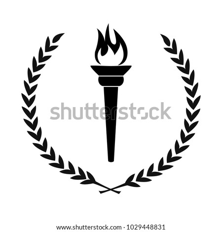 black icon of flame burning torch with laurel wreath leaves circle simple flat vector illustration symbol of victory, sports game or succes achievement concept