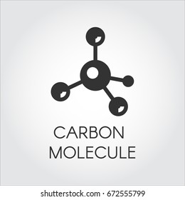 Black Icon In Flat Style Of Carbon Molecules. Organic Compound, Chemical Element. Web Logo. Vector Graphic Label On A Gray Background